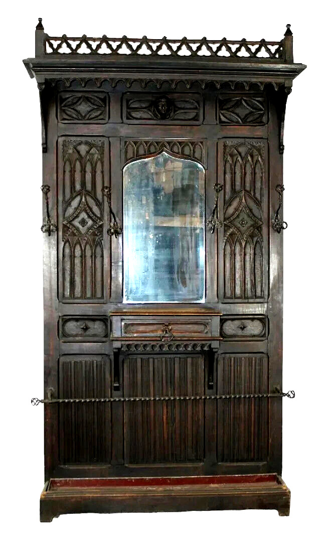 French Gothic Revival Oak Carved Hall Tree Mirror