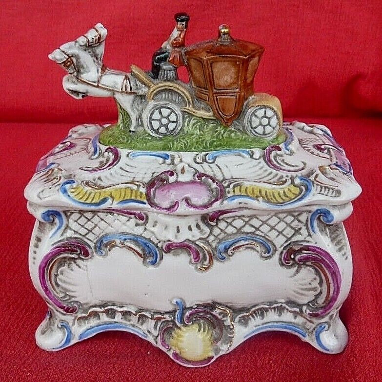 GERMAN Export Porcelain Trinket Box with Horse & Carriage