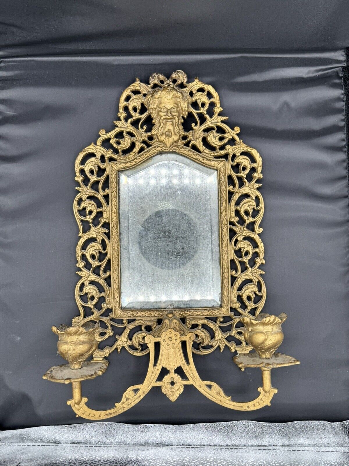 1800s Victorian Bronze Bachuus Bevel Edge Candle Mirror