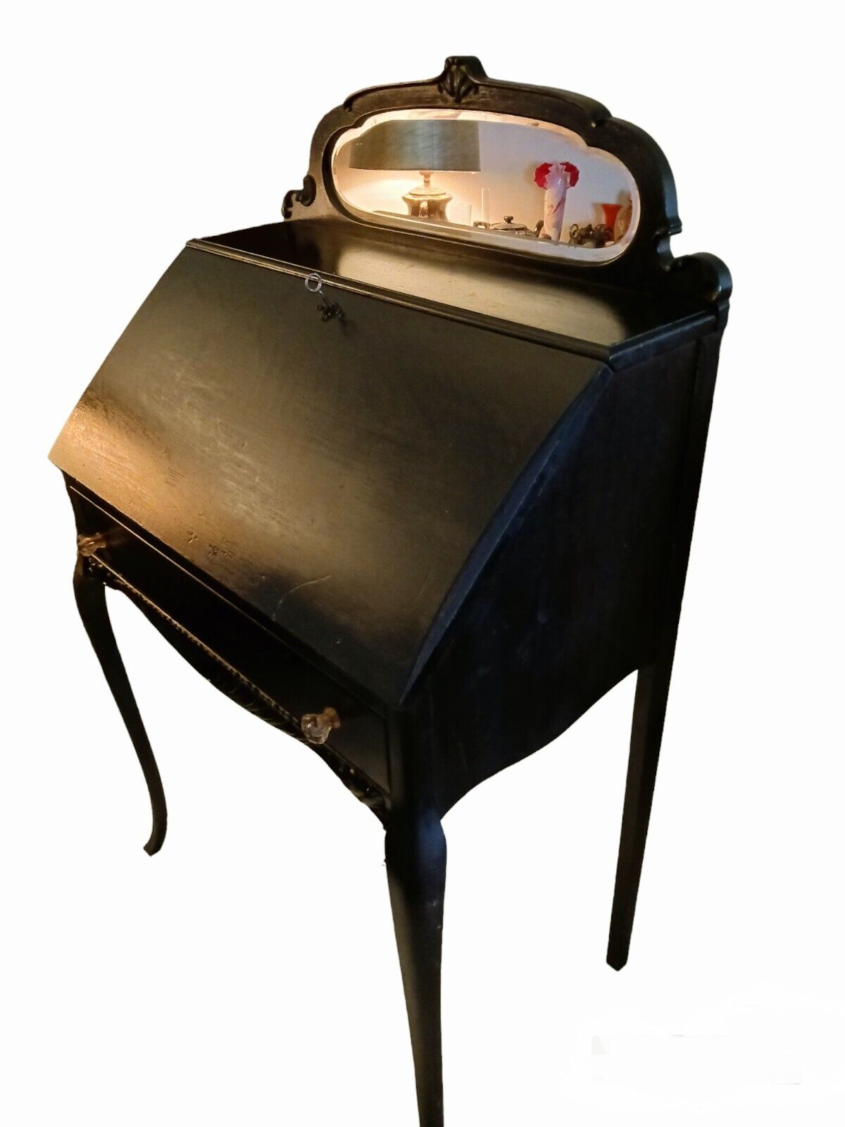 Vintage Queen Anne Style Mirrored Writing Desk with Key