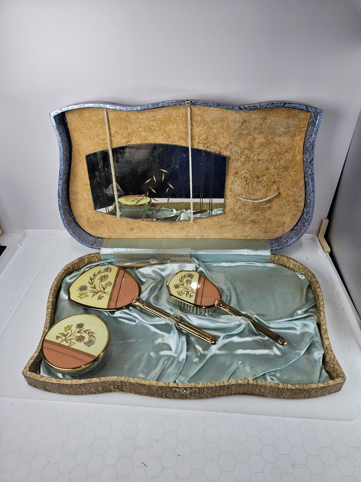 Floral Gold Tone Vanity Dresser Travel Set, 1900s