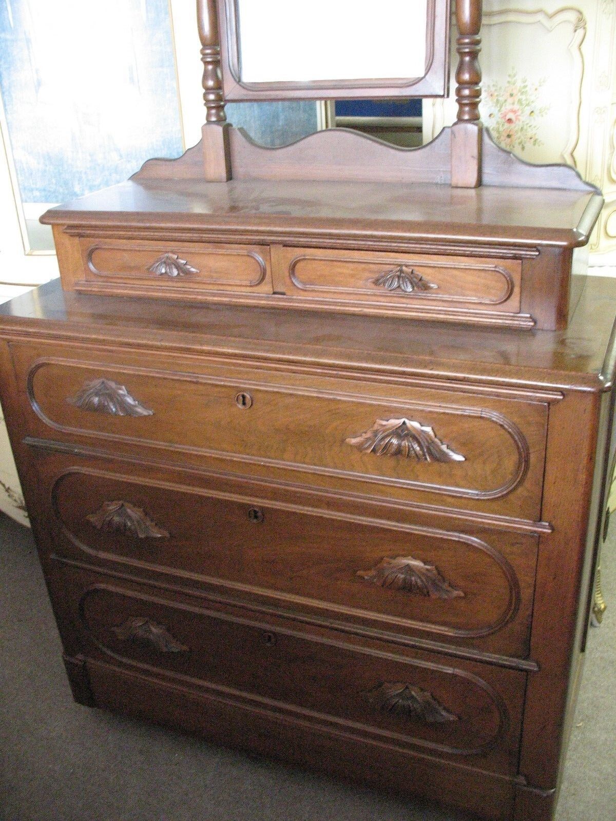 1800's Six Drawer Dresser with Hidden Bottom Drawer Mirror