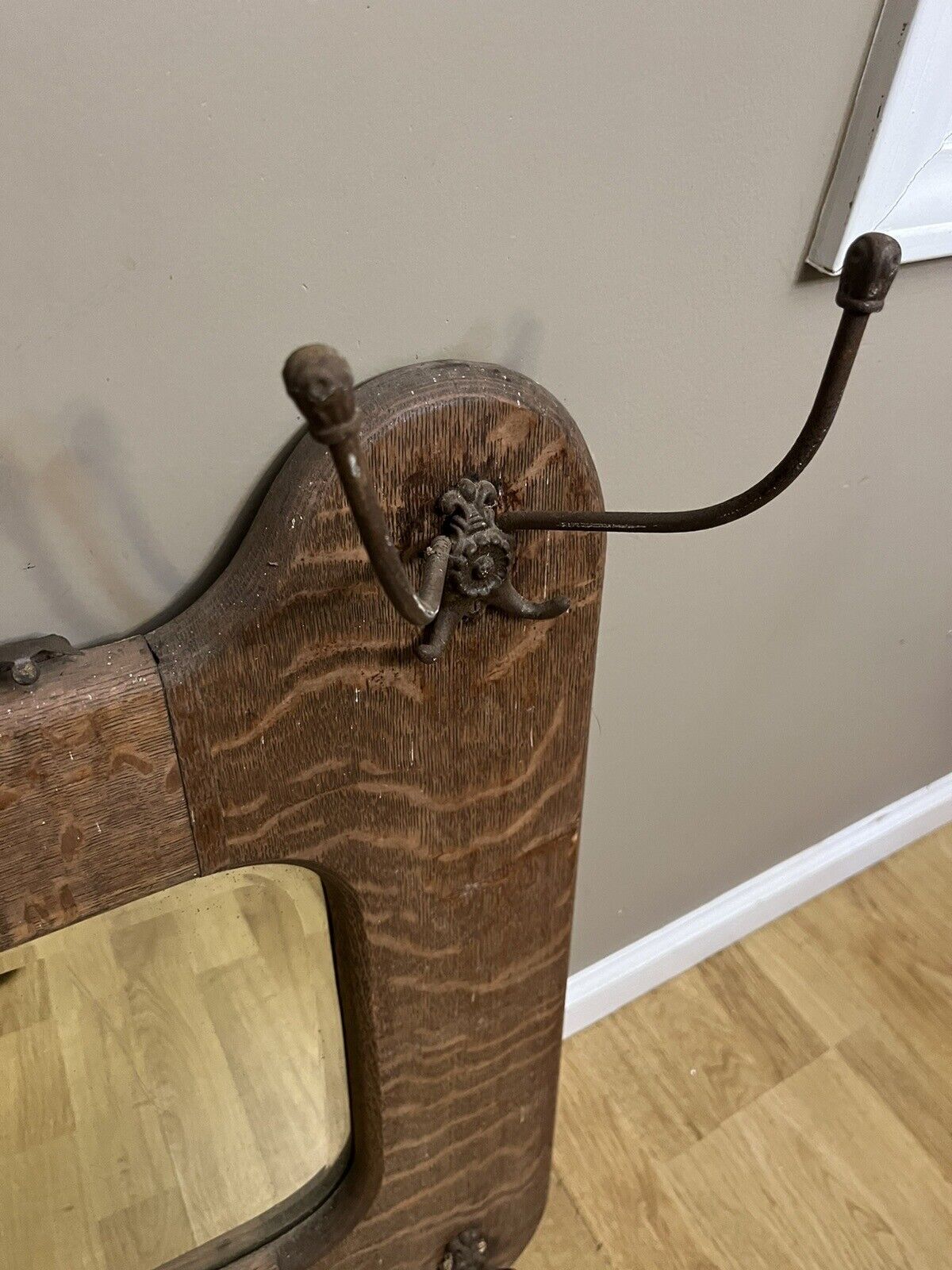 1900s Antique Oak Framed Hall Mirror with Hat Hooks