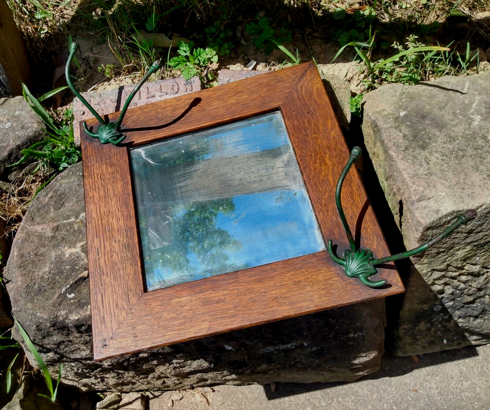 1900s Antique Oak Wall Mirror with Hat Rack