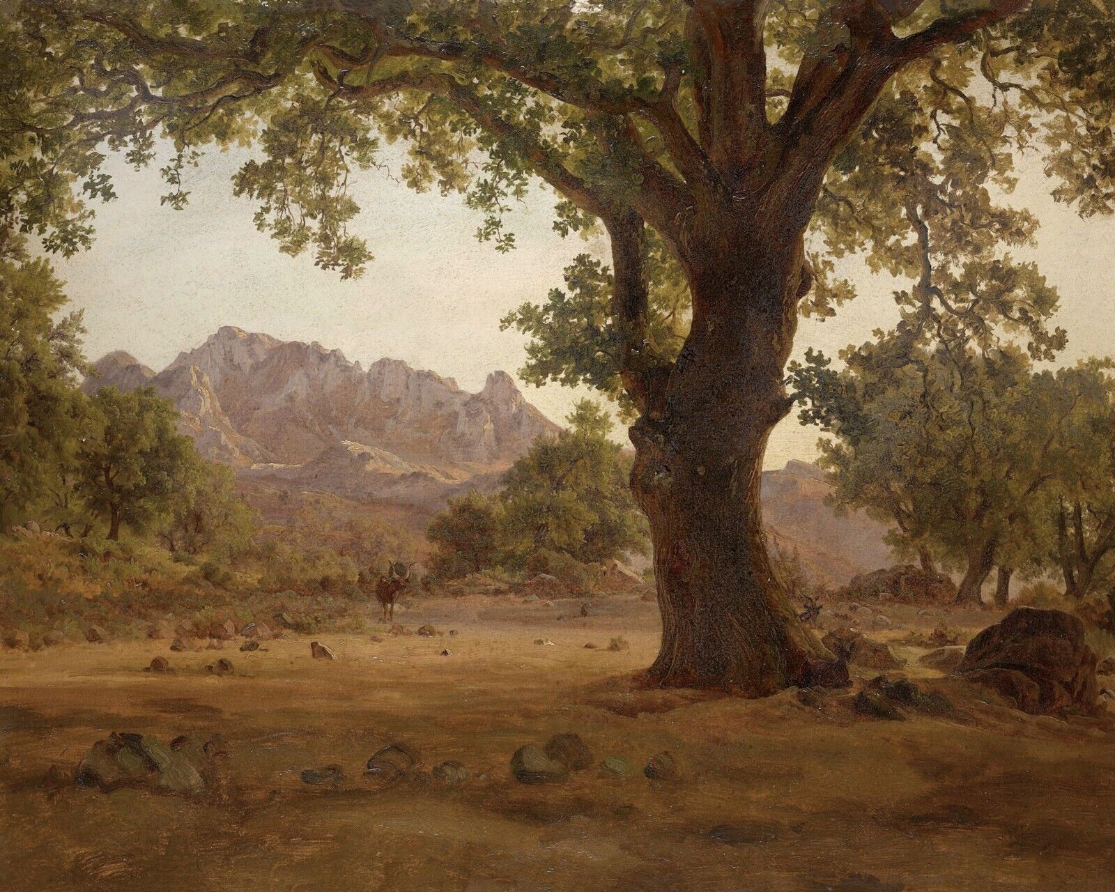 1800s Landscape Oak Tree Mountain Painting Giclee Print