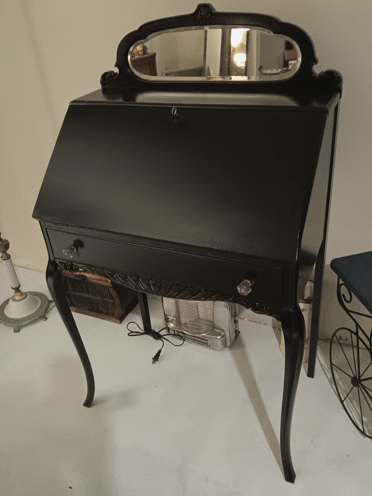 1900's Queen Ann Slant Front Mirrored Writing Desk