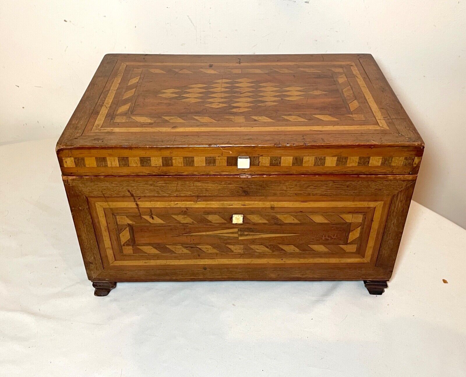 1800's antique marquetry wood jewelry box with mirror