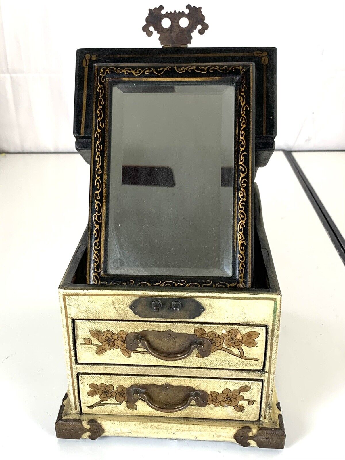 1800s Chinese Calendar Makeup Jewelry Box with Folding Mirror