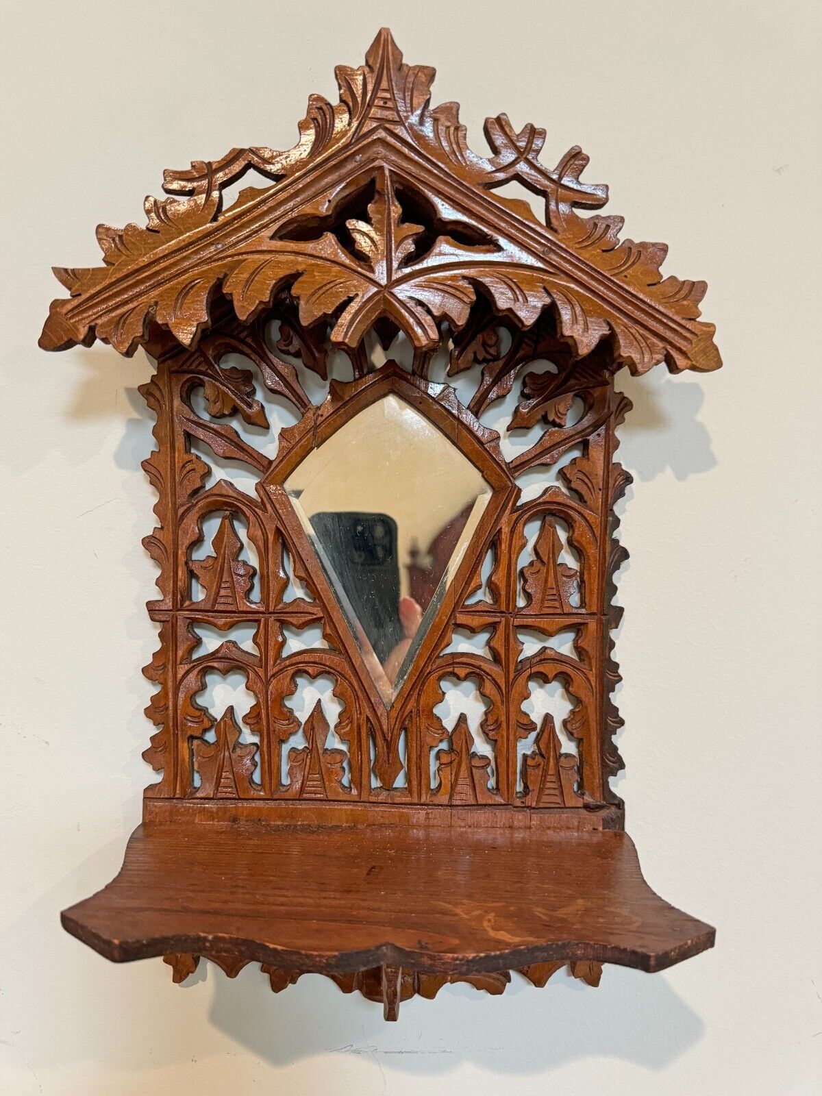 1800's Carved Black Forest Wall Shelf with Mirror