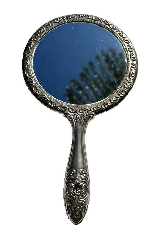 19th Century Victorian Silver Hand Mirror with Ornate Foliat