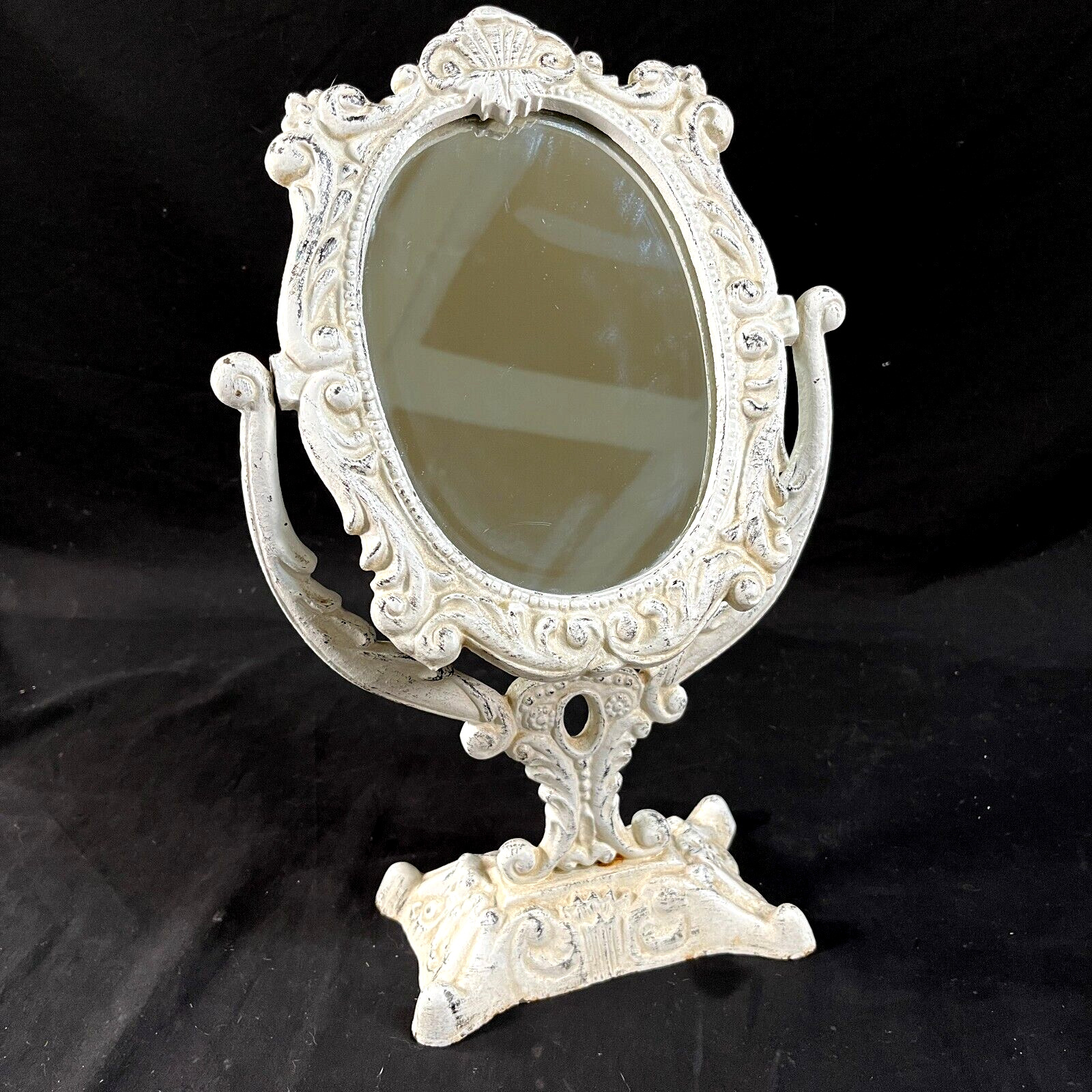 1800s cast iron tabletop mirror with swivel stand