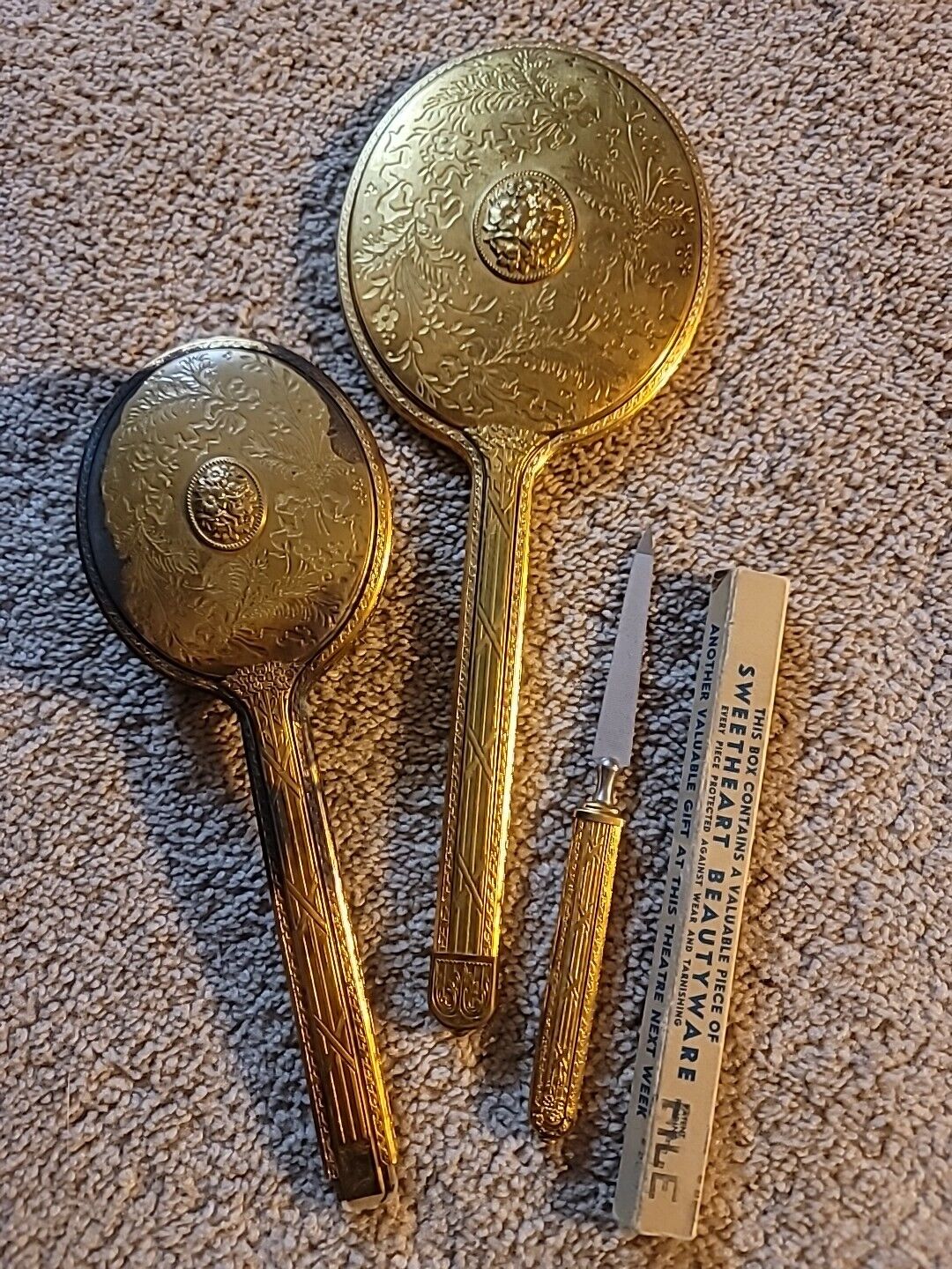 1900s Goldtone Brass Vanity Set: Mirror, Hairbrush, Nail File
