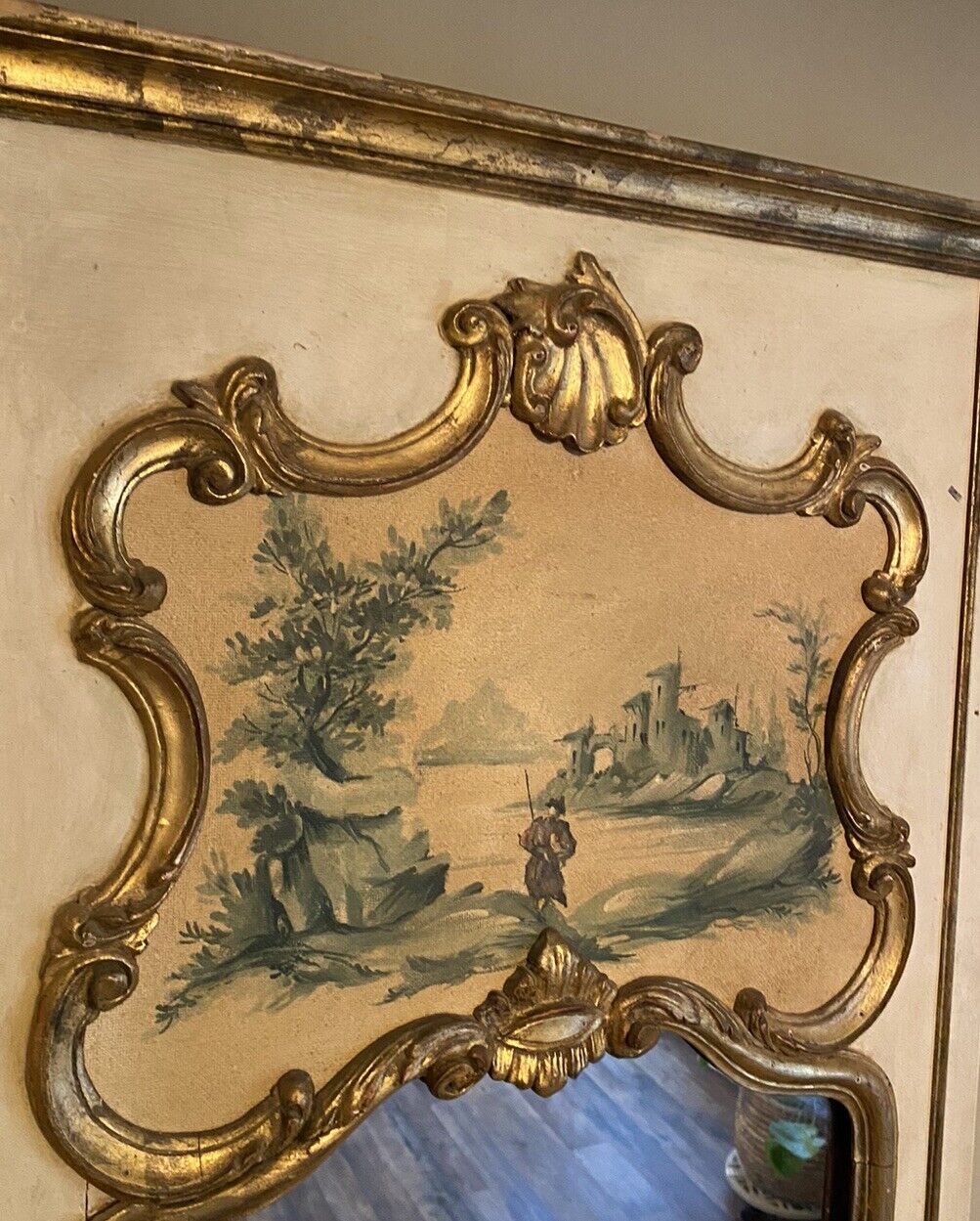 French Painted Trumeau Wall Fireplace Mirror Hand-Painted Gilt