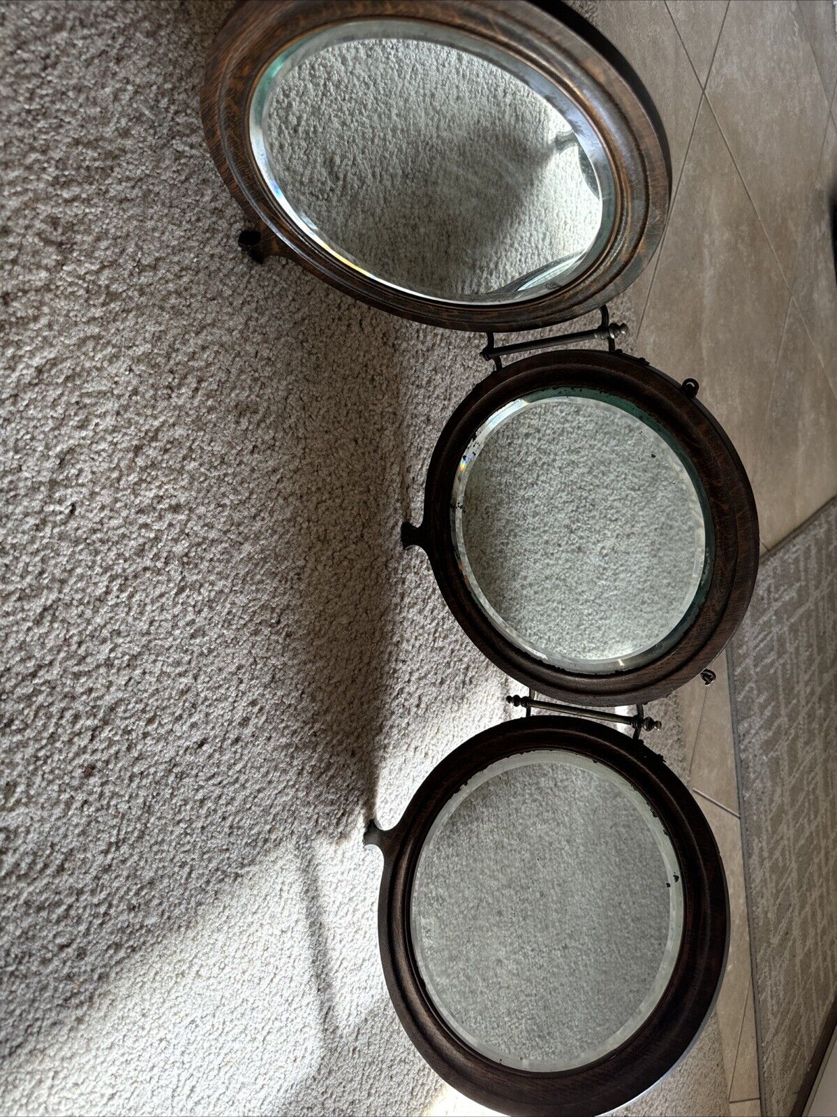 1800s-1900s Antique Wooden Tri-Folding Shaving Mirror