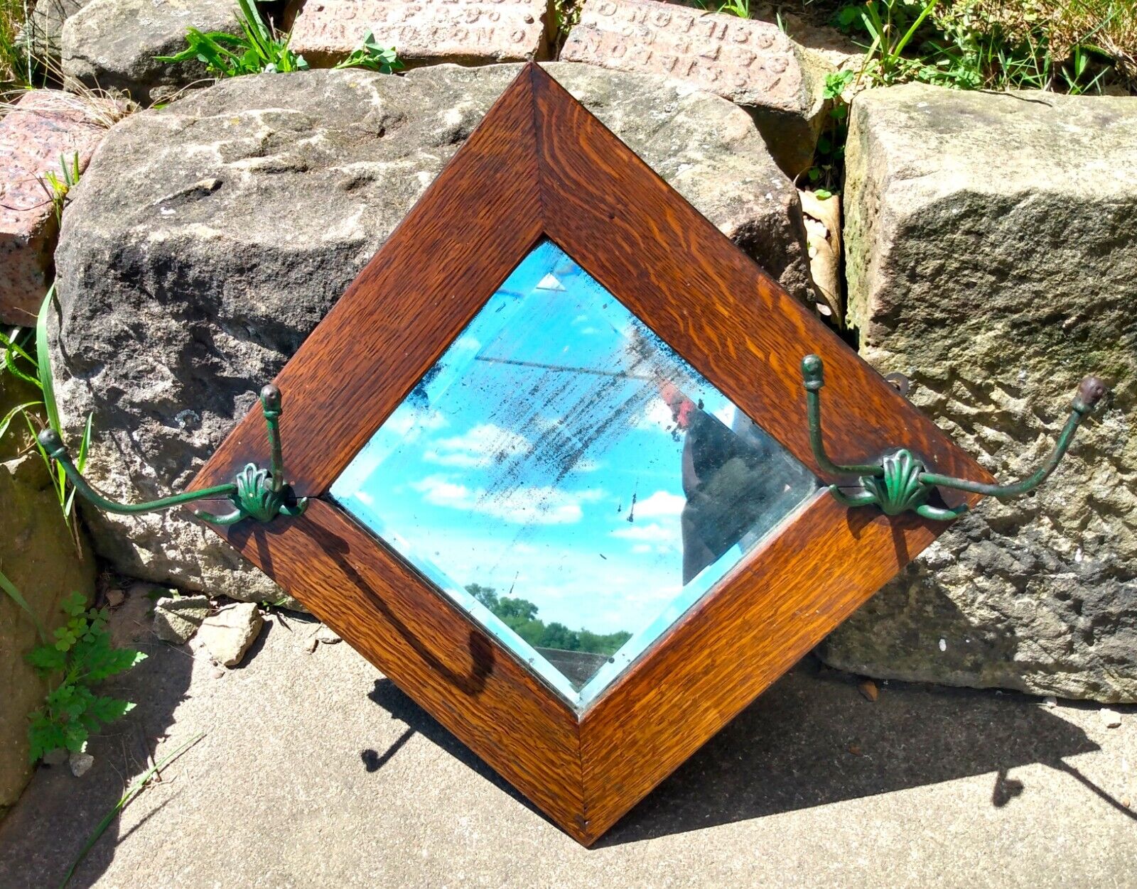1900s Antique Oak Wall Mirror with Hat Rack