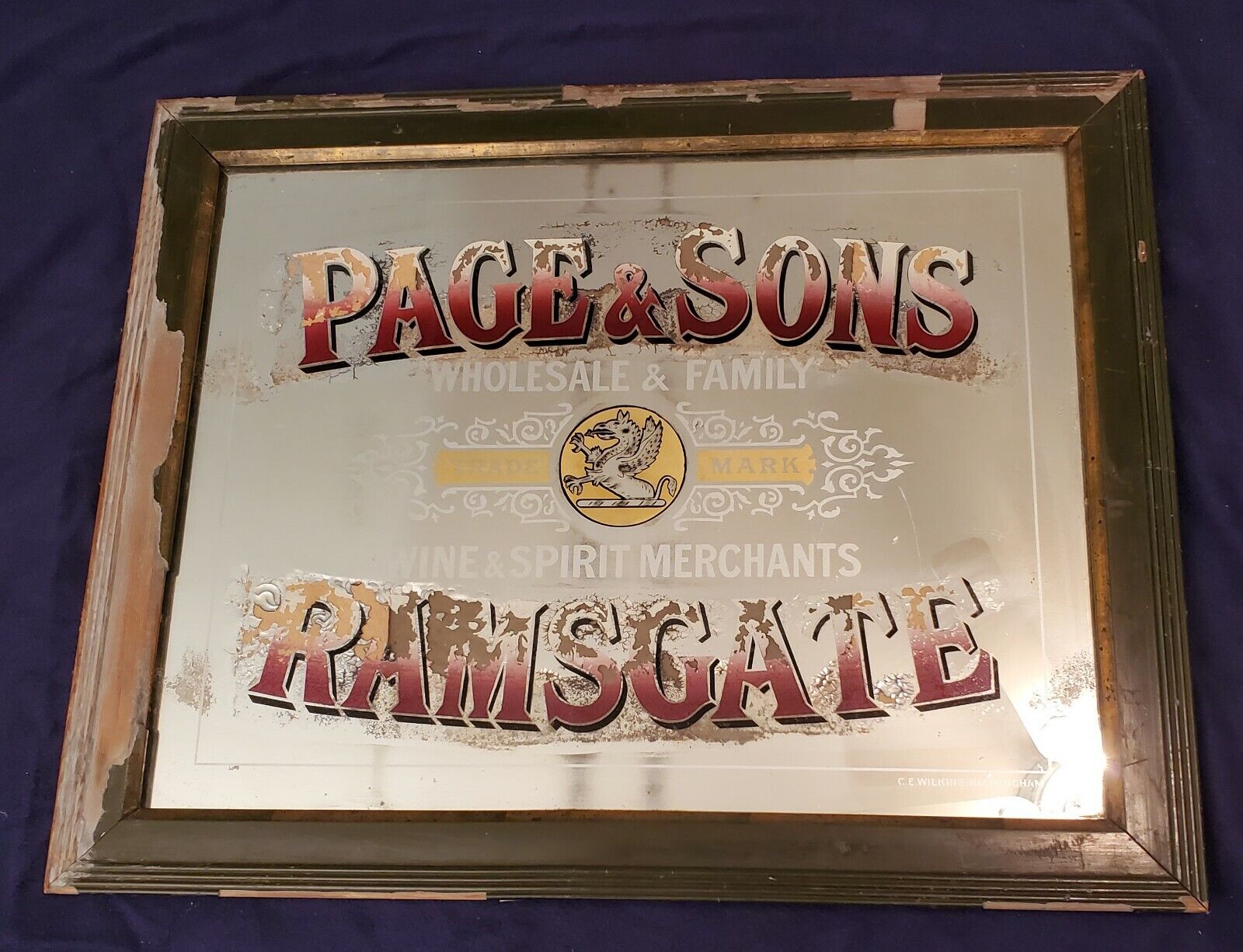 Antique 1800's Page & Sons Liquor Mirror Sign