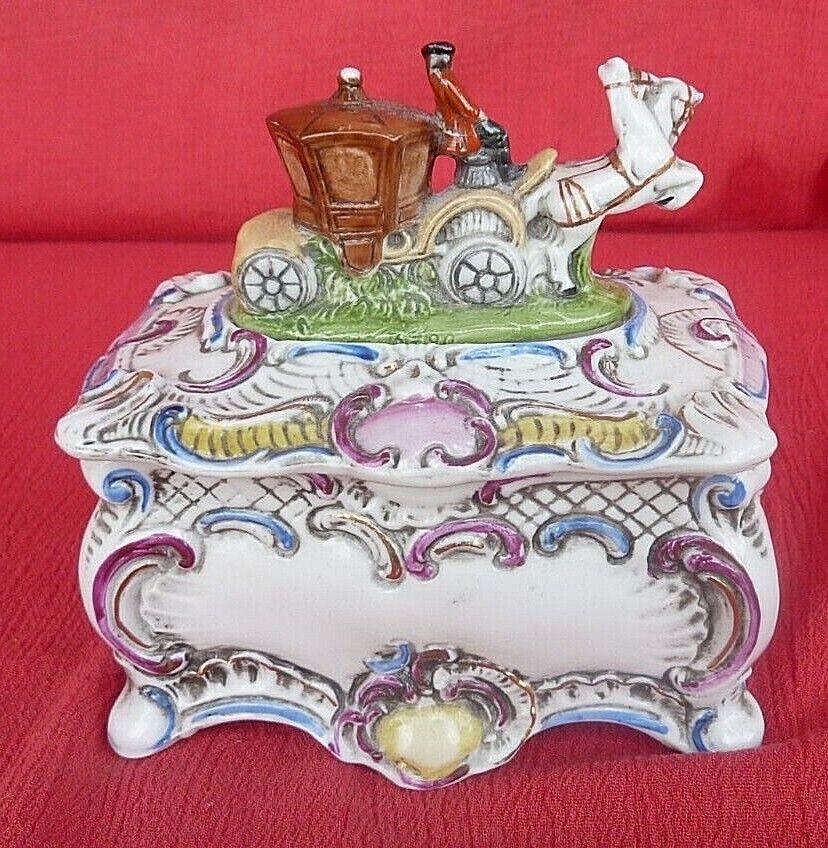 GERMAN Export Porcelain Trinket Box with Horse & Carriage