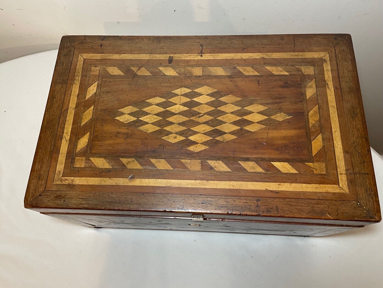1800's antique marquetry wood jewelry box with mirror