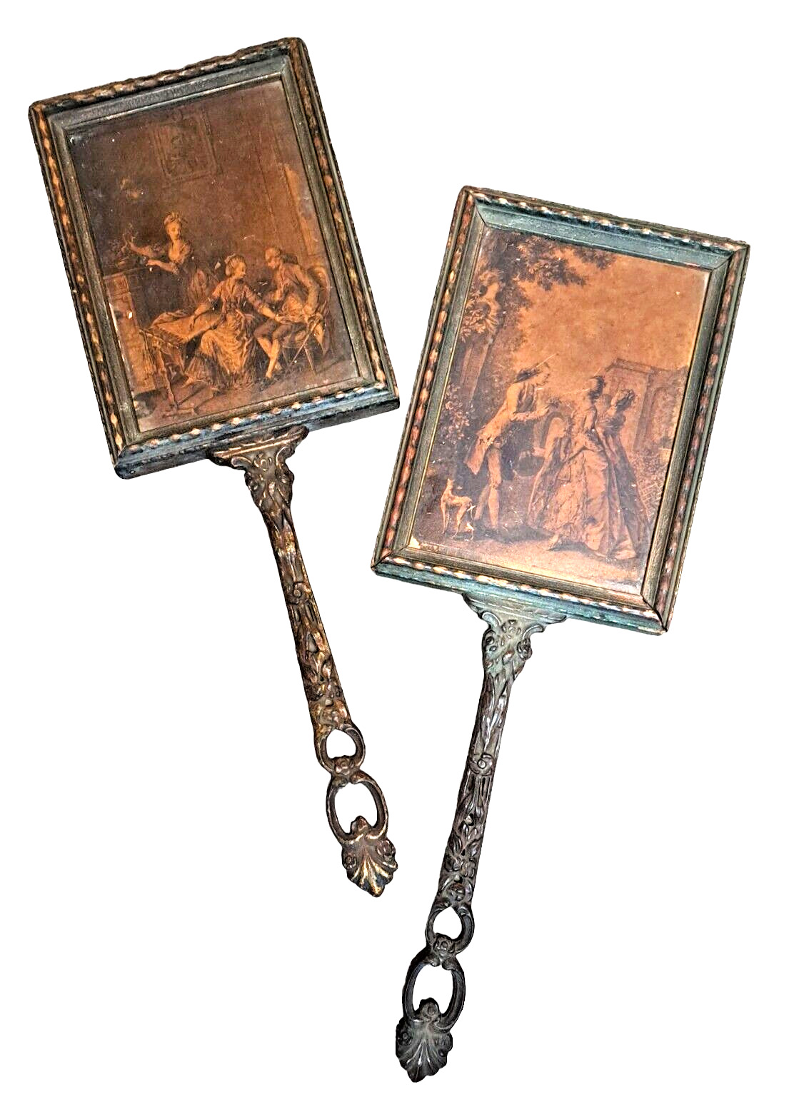 Victorian Vanity Hand Mirrors with Drawings - Pair