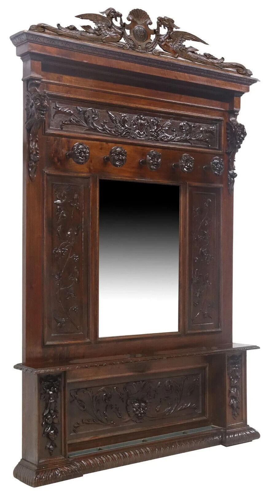 Italian Renaissance Revival Mirrored Walnut Hall Tree 1800s