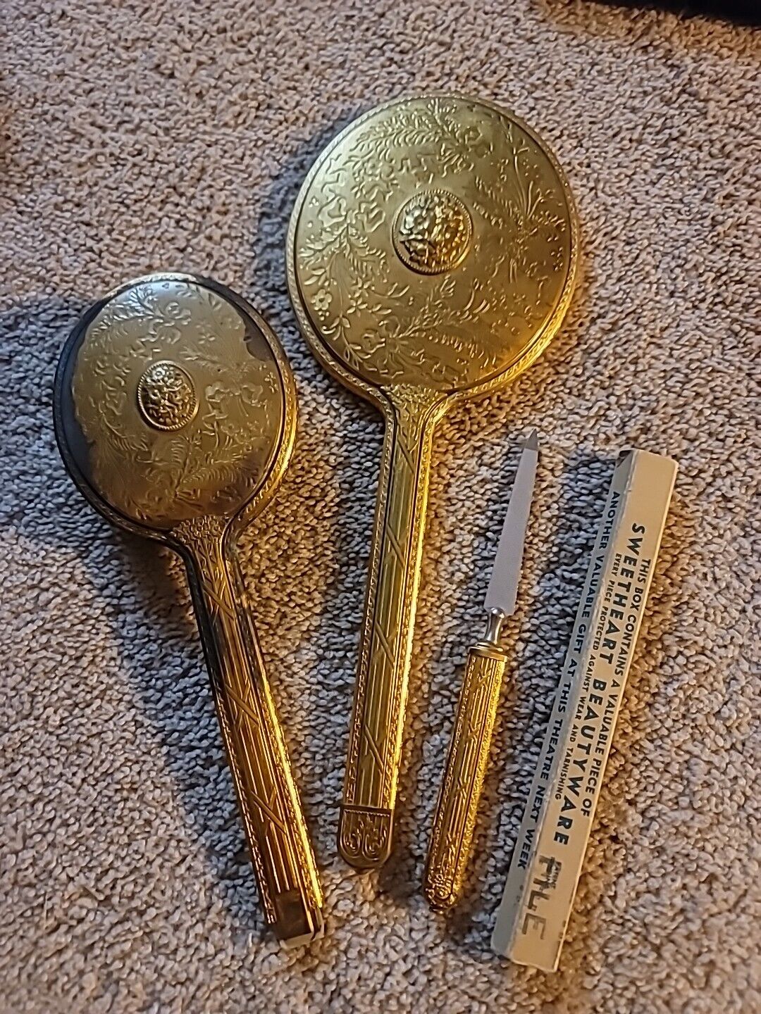 1900s Goldtone Brass Vanity Set: Mirror, Hairbrush, Nail File
