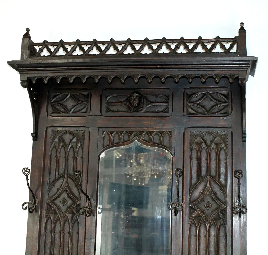 French Gothic Revival Oak Carved Hall Tree Mirror