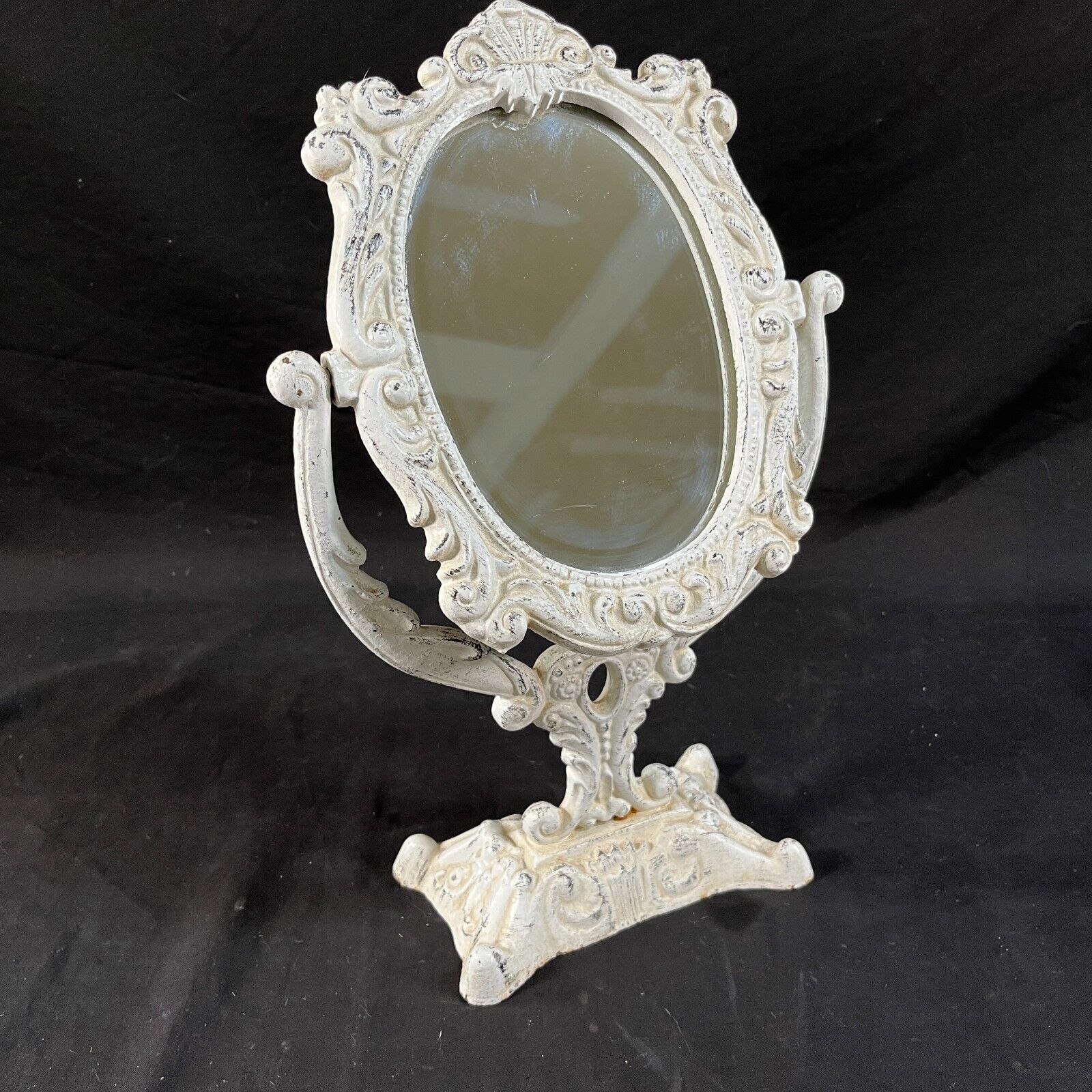 1800s cast iron tabletop mirror with swivel stand