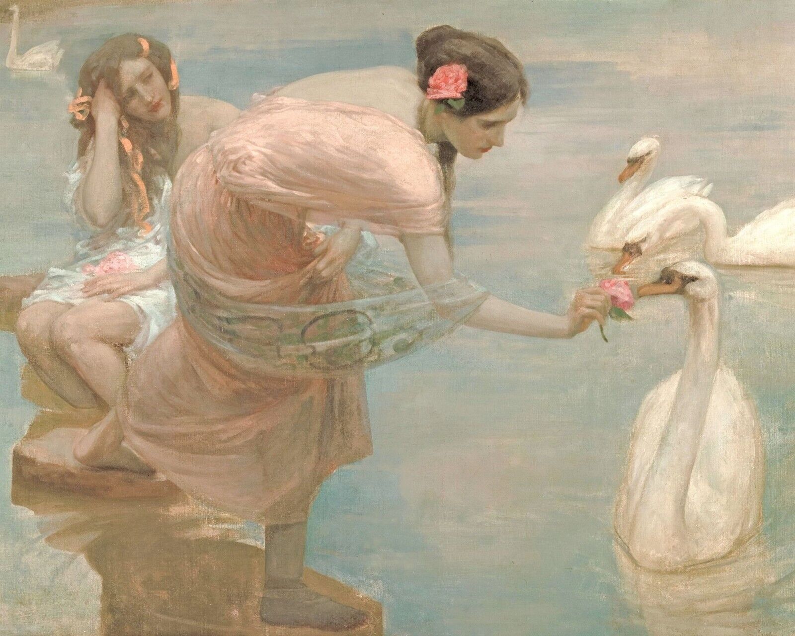 1800s Woman with Swan Vintage Giclee Print