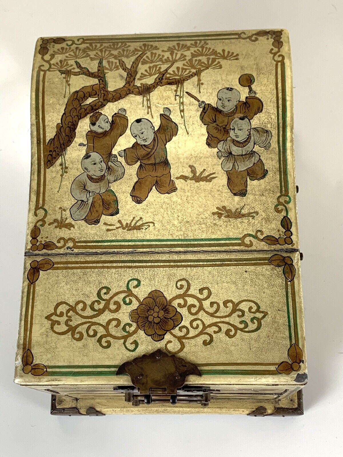 1800s Chinese Calendar Makeup Jewelry Box with Folding Mirror