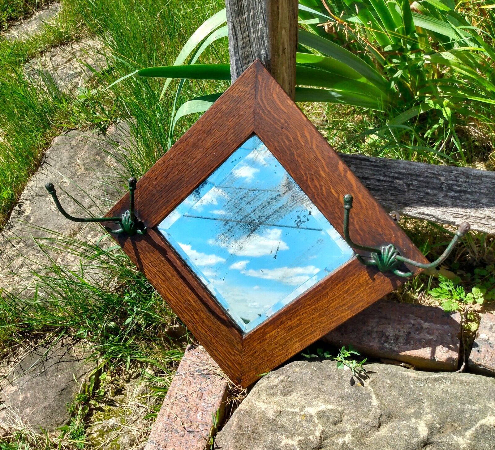 1900s Antique Oak Wall Mirror with Hat Rack
