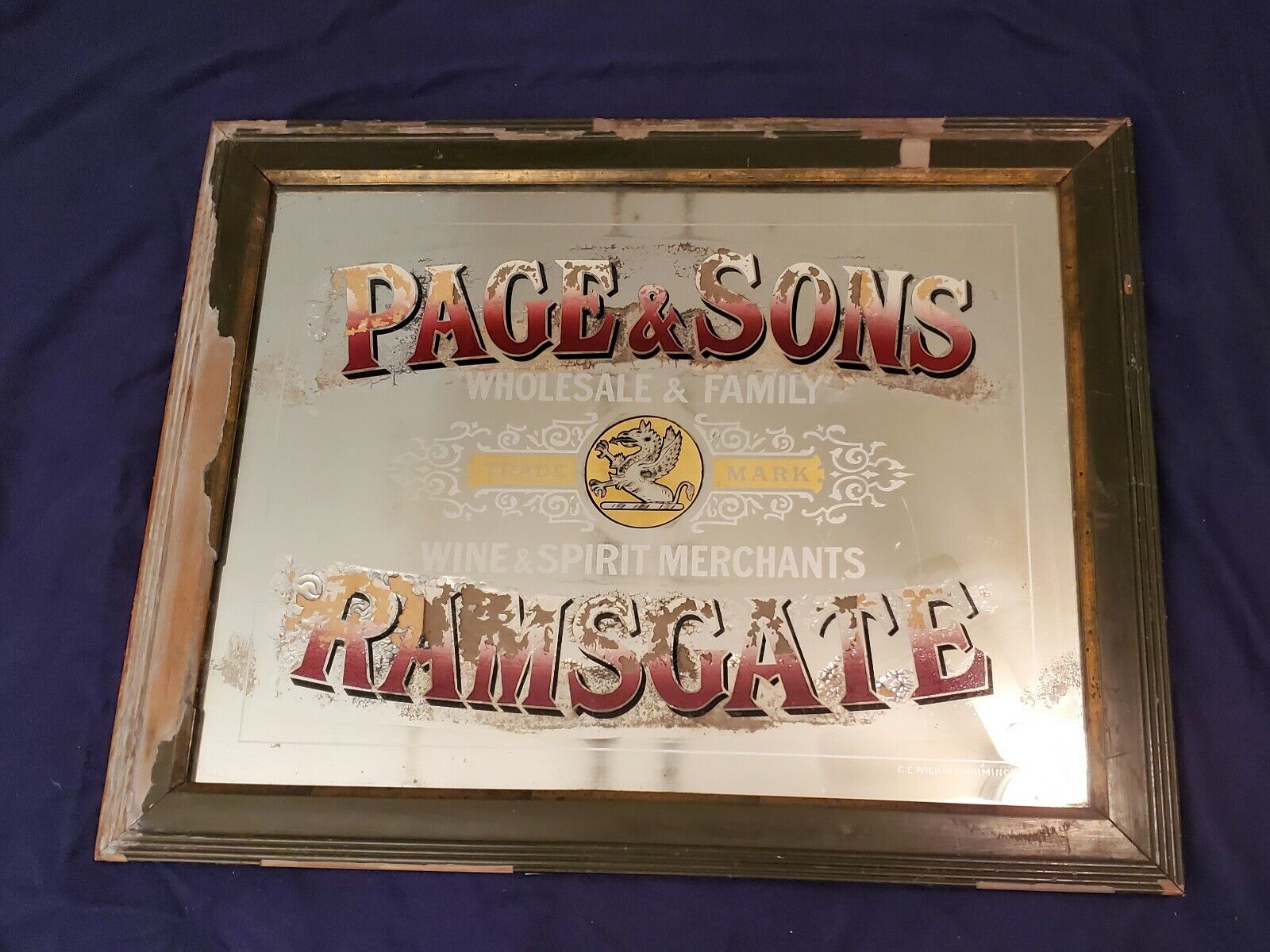Antique 1800's Page & Sons Liquor Mirror Sign