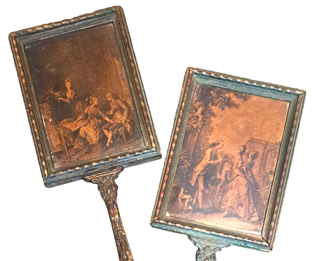 Victorian Vanity Hand Mirrors with Drawings - Pair