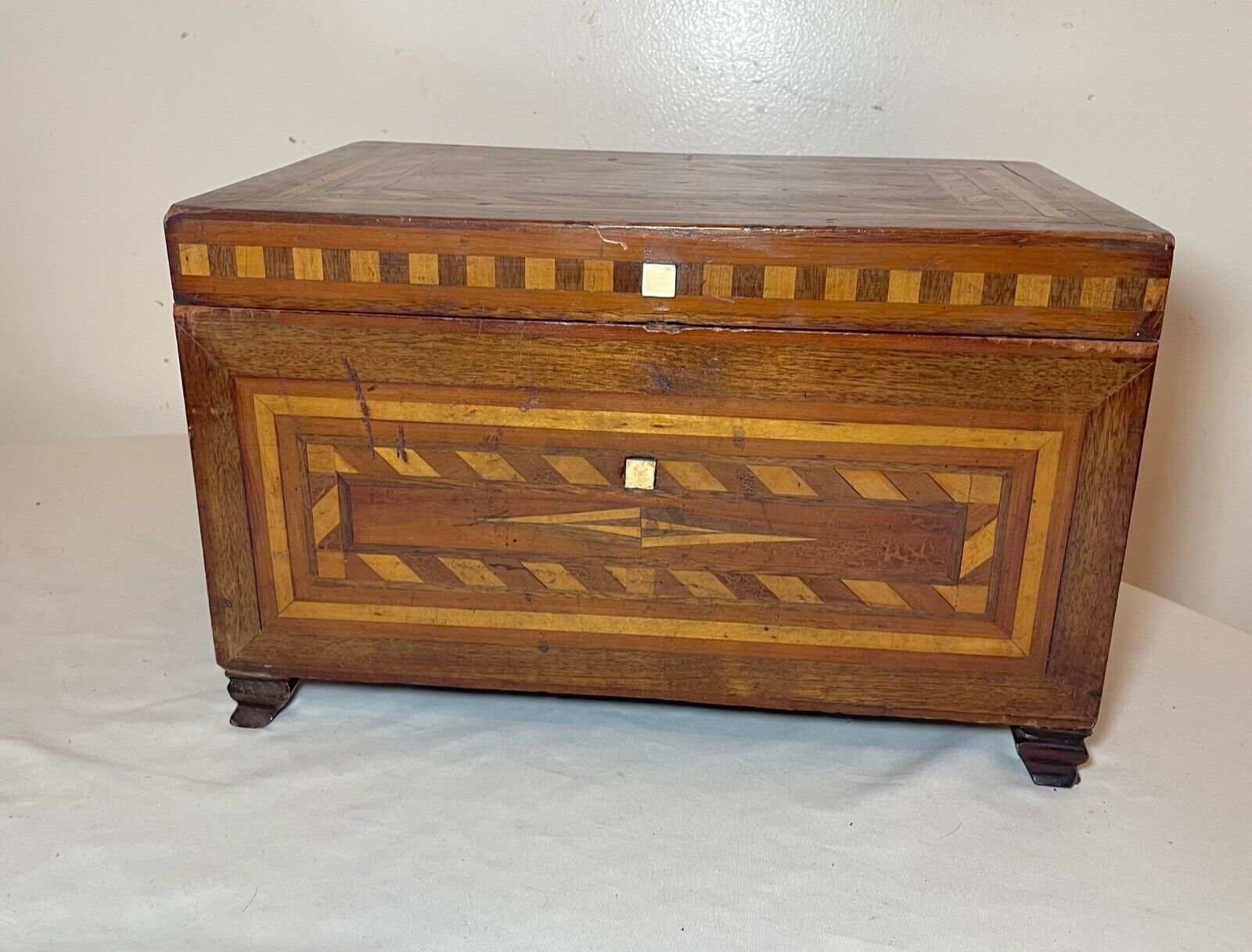1800's antique marquetry wood jewelry box with mirror