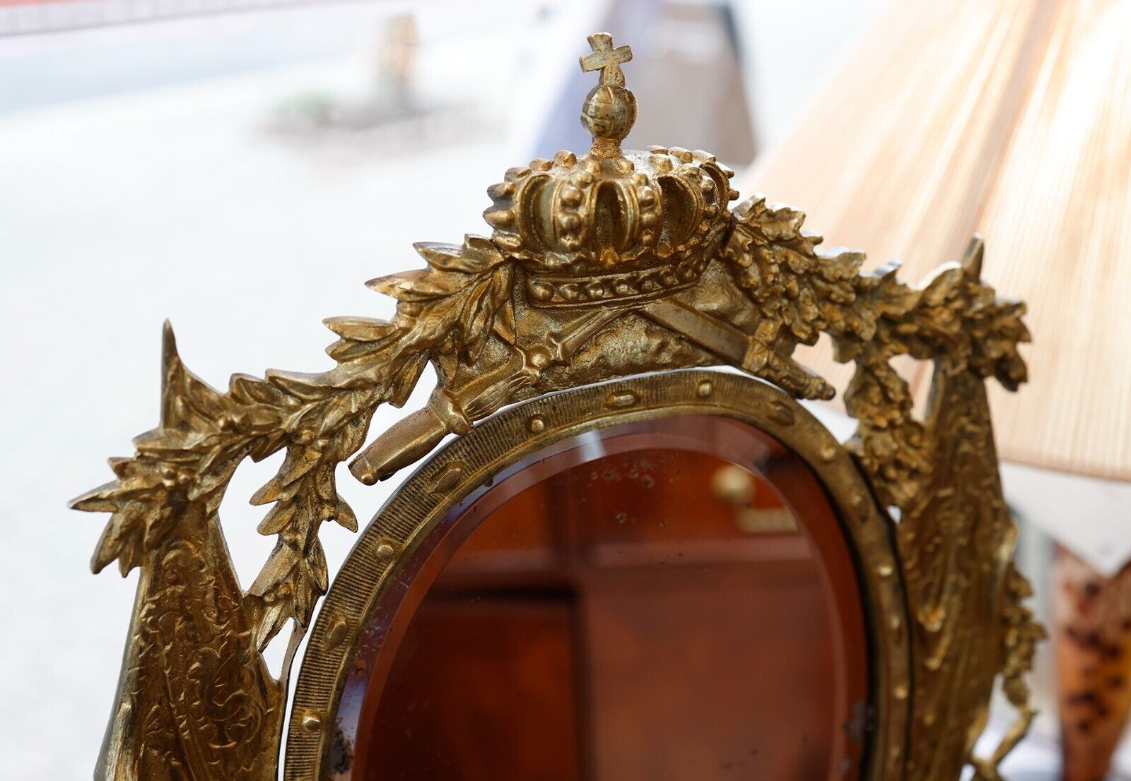 1800s Signed Ornate Tilted Vanity Mirror on Stand