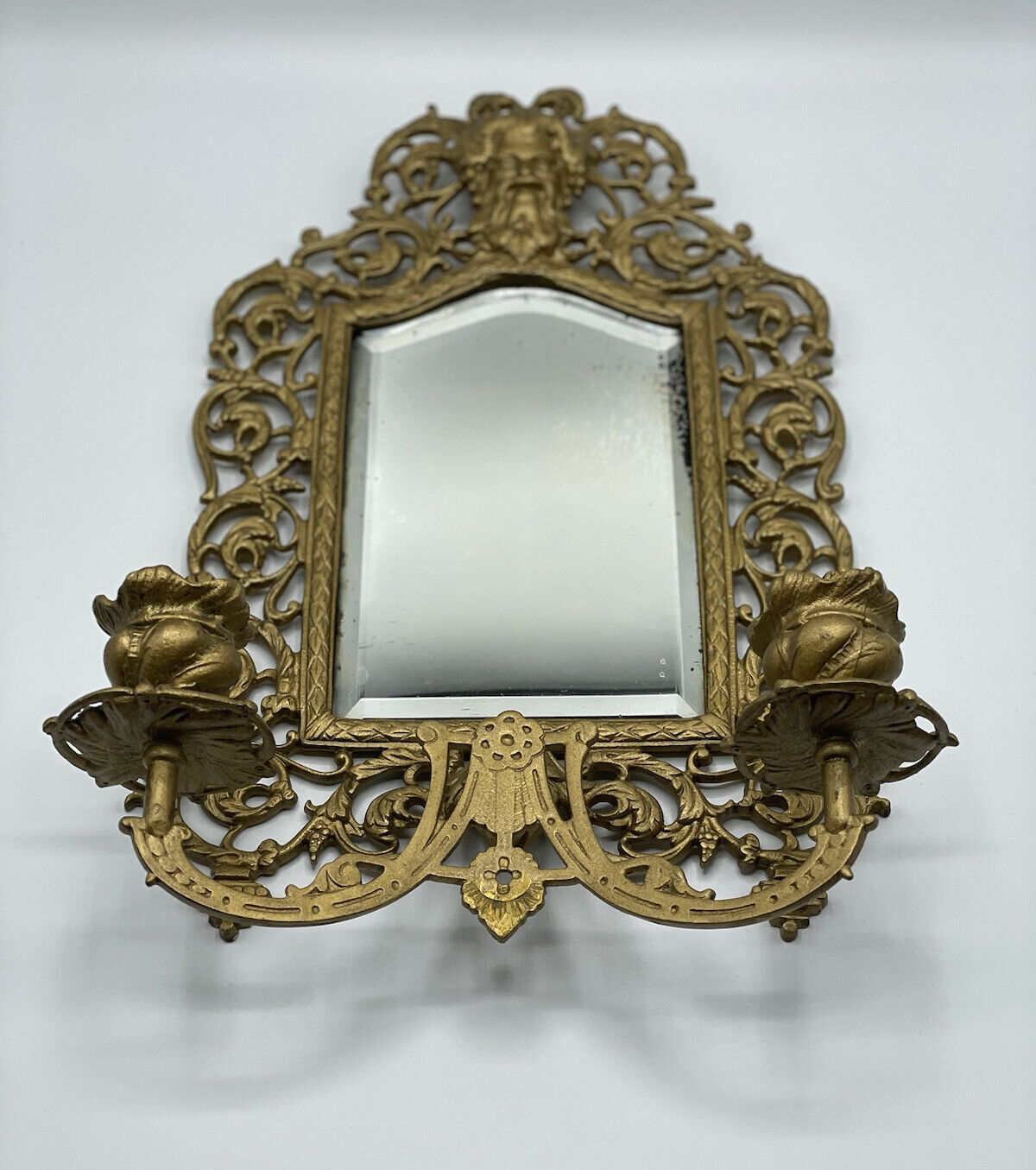 1800s Victorian Bronze Bacchus Bevel Edge Mirror Candlelit