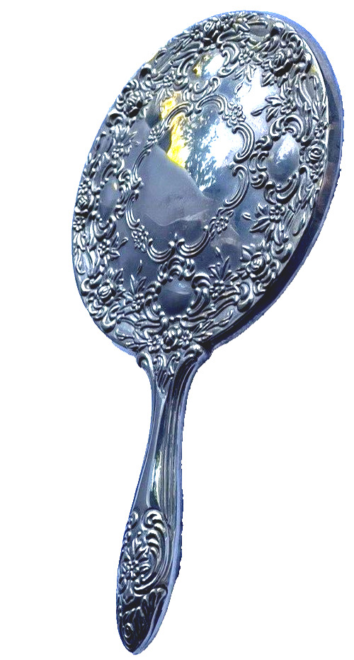 19th Century Victorian Silver Hand Mirror with Ornate Foliat