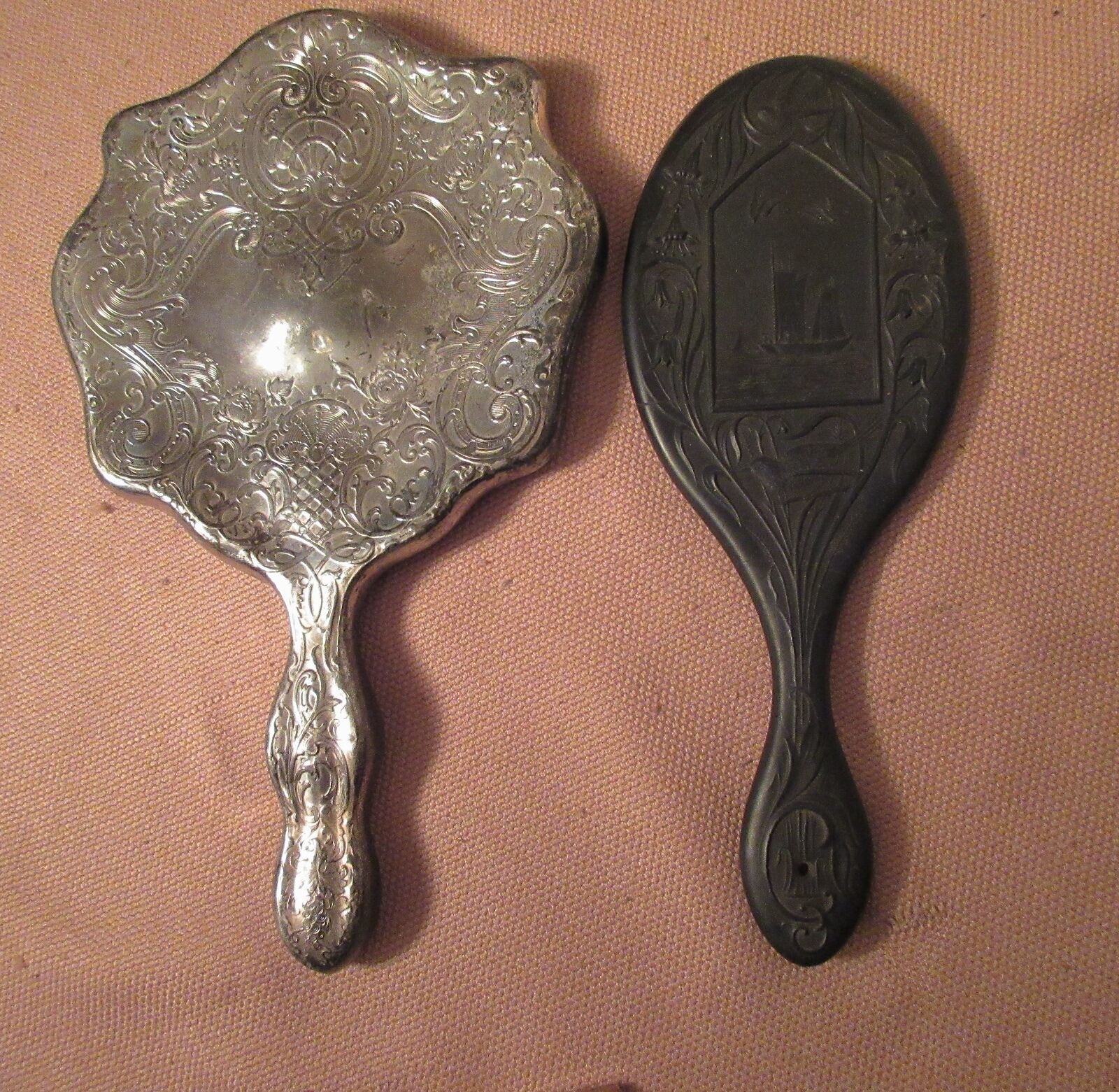 Antique 1800's Gutta Percha Silverplate Ornate Vanity Mirror