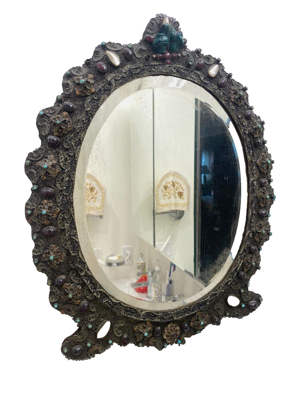 Vintage Tin Mirror with Jeweled Accents