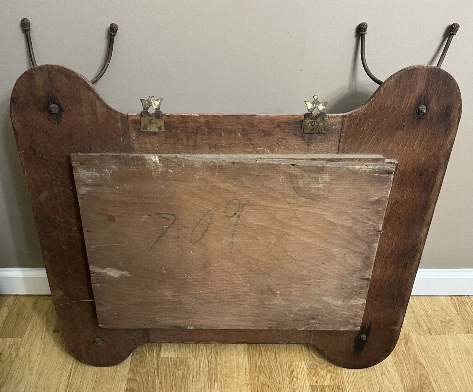 1900s Antique Oak Framed Hall Mirror with Hat Hooks
