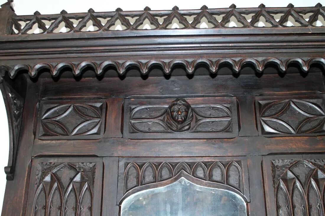 French Gothic Revival Oak Carved Hall Tree Mirror