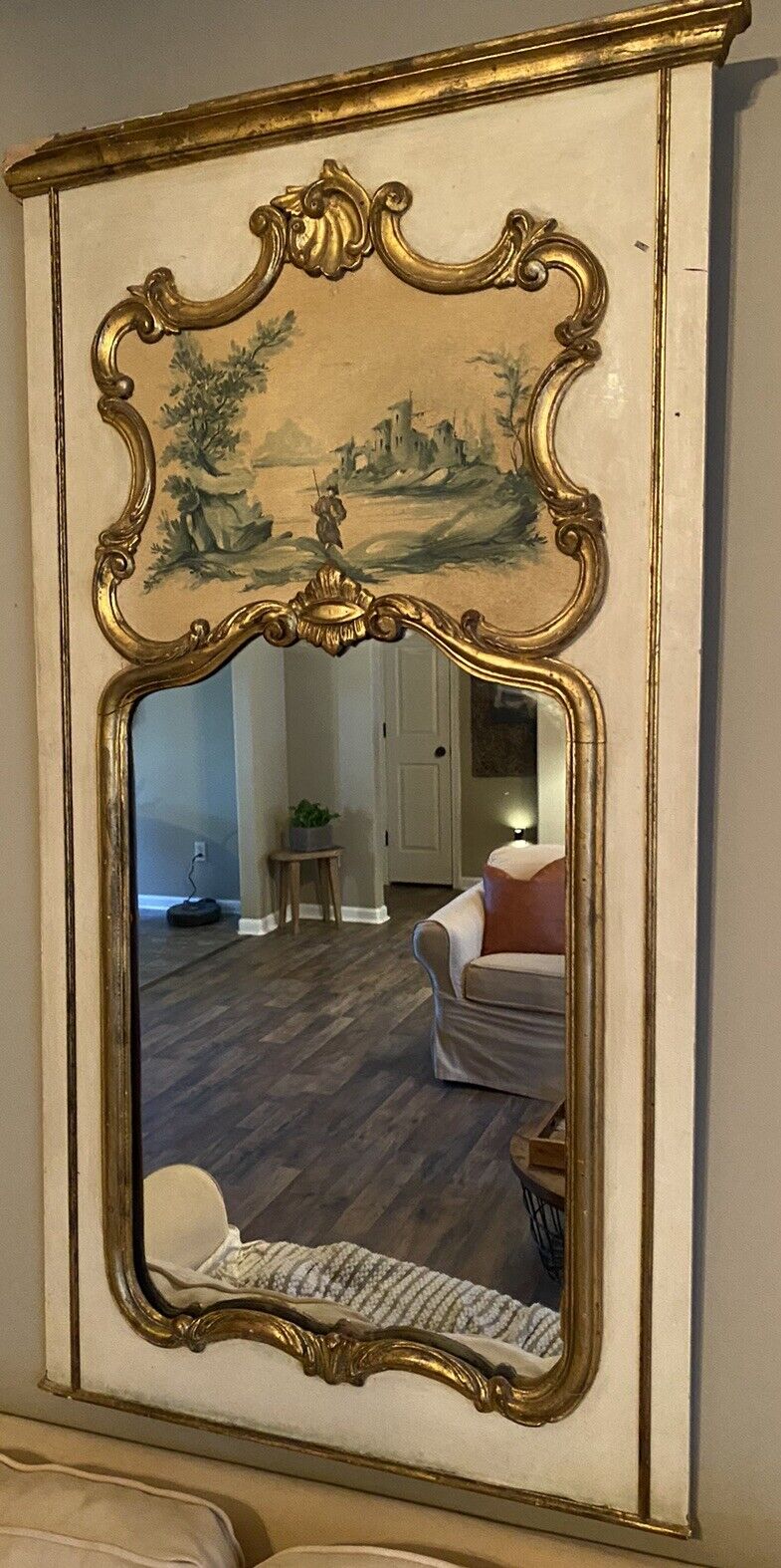 French Painted Trumeau Wall Fireplace Mirror Hand-Painted Gilt