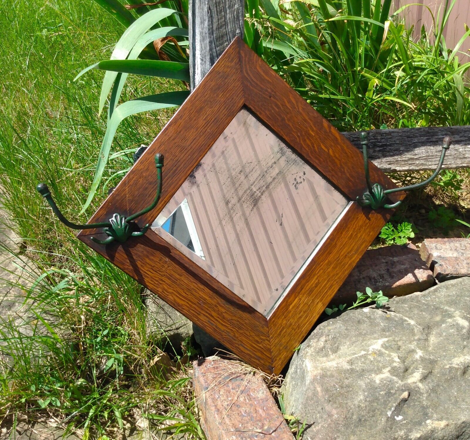 1900s Antique Oak Wall Mirror with Hat Rack