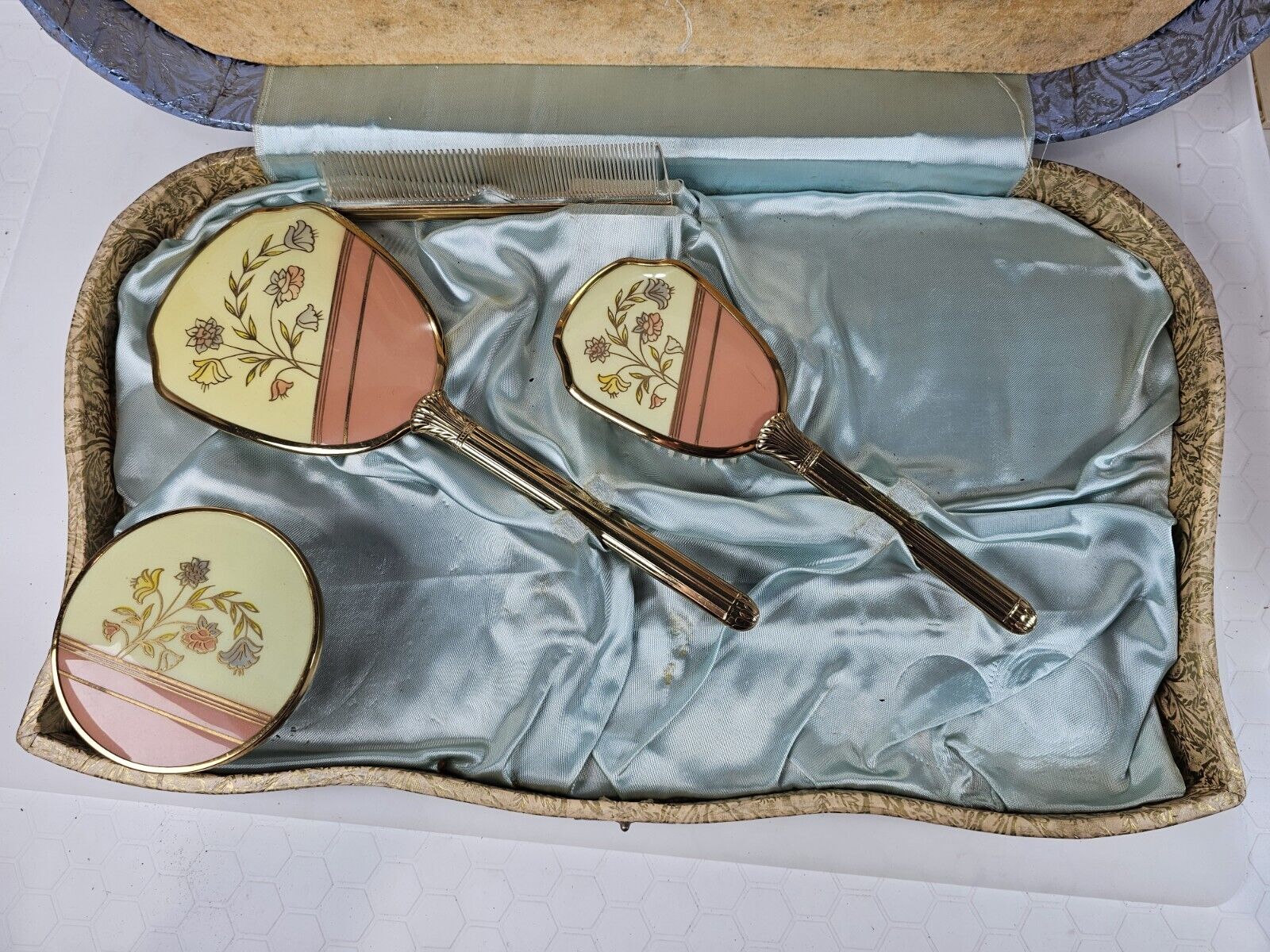 Floral Gold Tone Vanity Dresser Travel Set, 1900s