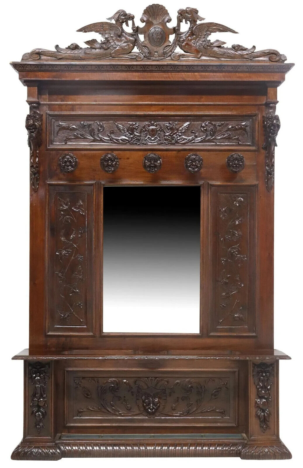 Italian Renaissance Revival Mirrored Walnut Hall Tree 1800s