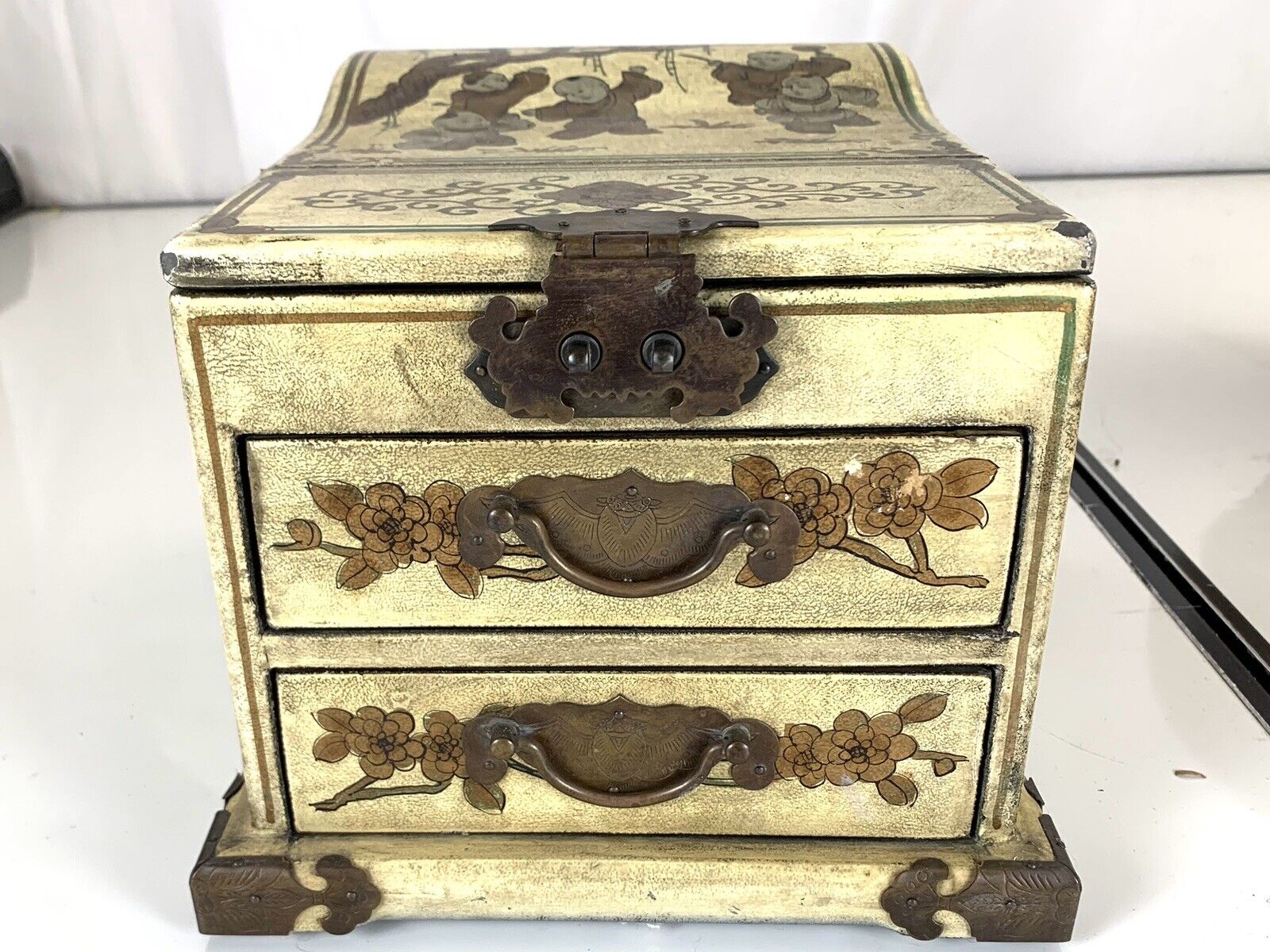 1800s Chinese Calendar Makeup Jewelry Box with Folding Mirror