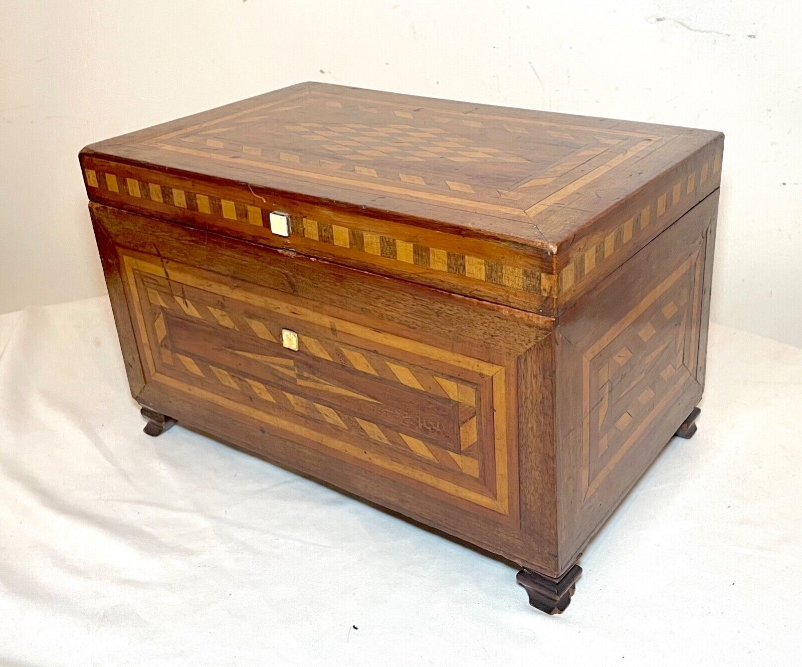 1800's antique marquetry wood jewelry box with mirror