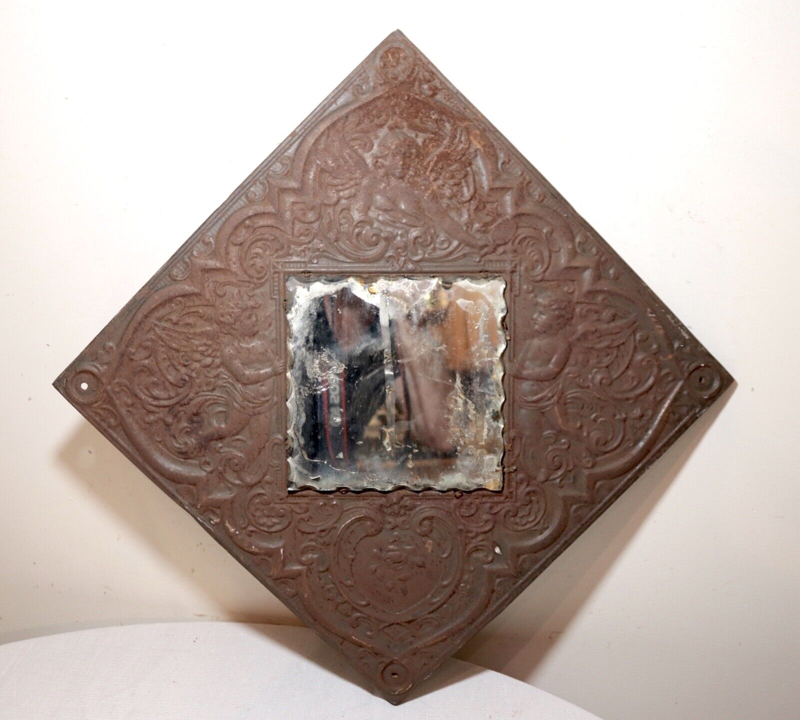 1800's ornate figural angels relief square metal wall mirror
