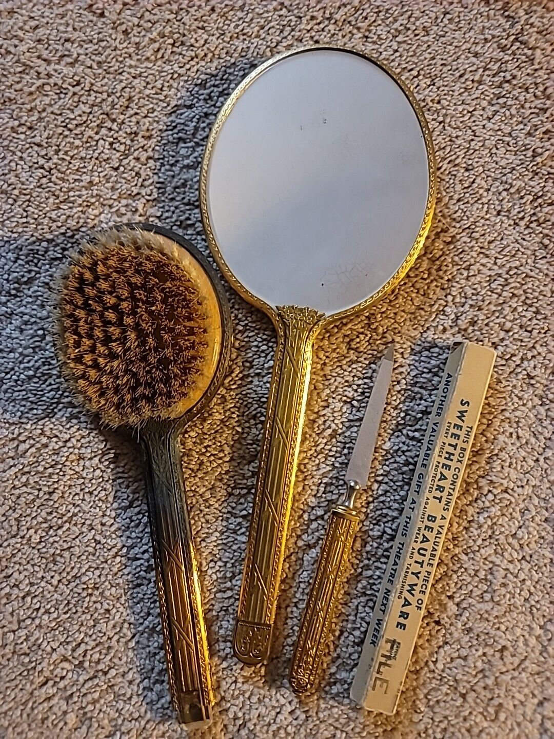 1900s Goldtone Brass Vanity Set: Mirror, Hairbrush, Nail File