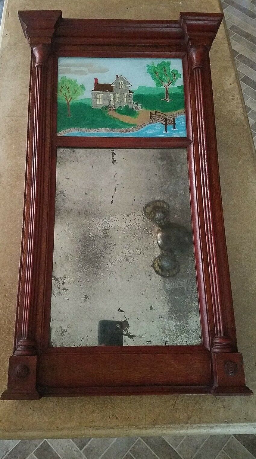 Federal Folk Art Mirror with Wood Frame, 26.5 x 15.5
