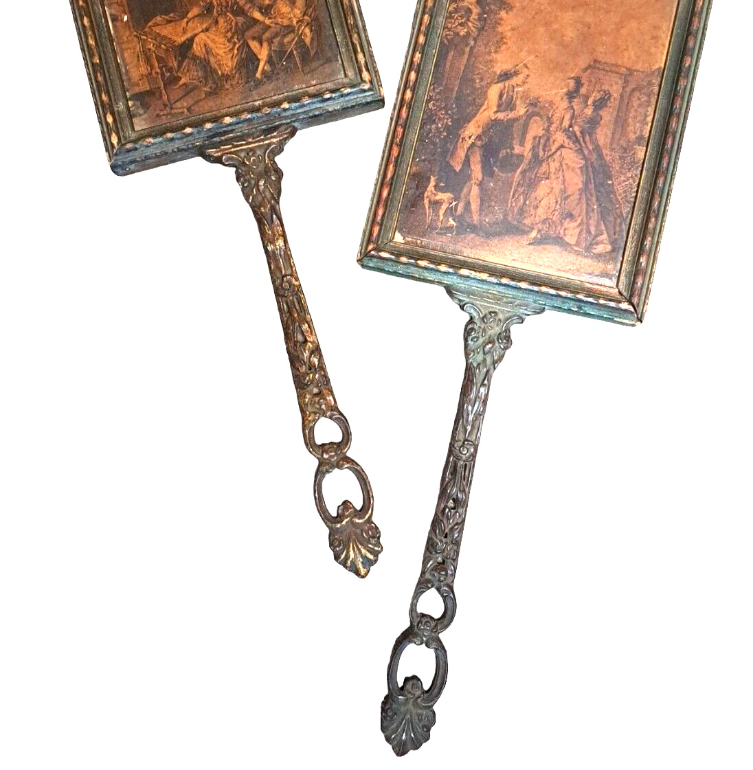 Victorian Vanity Hand Mirrors with Drawings - Pair